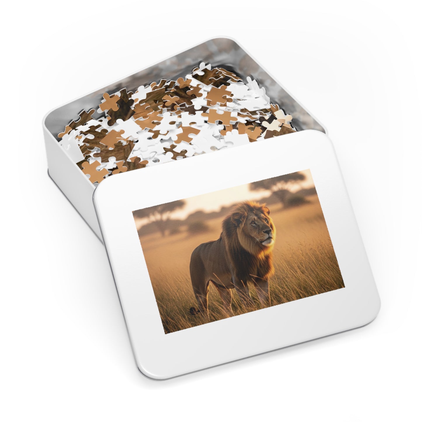 Lion in Golden Savanna Jigsaw Puzzle (with Tin)