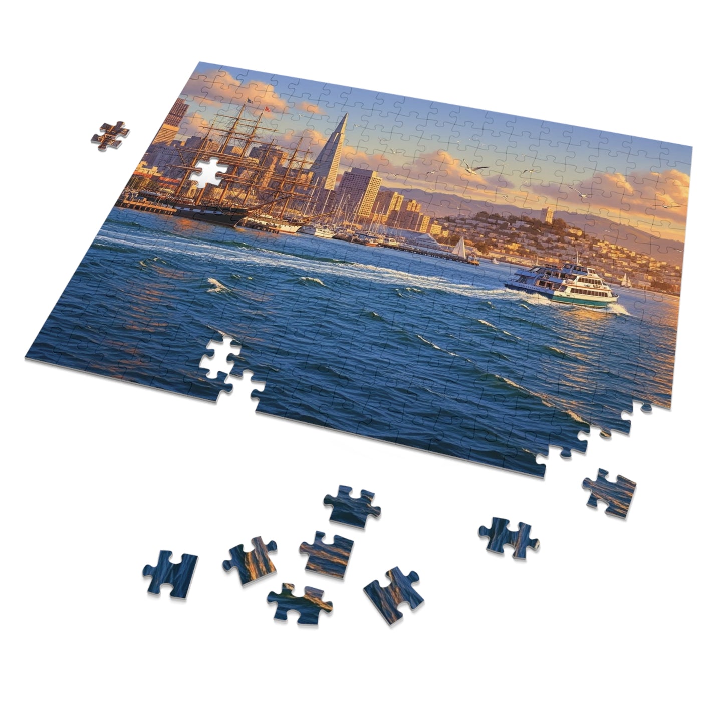 Coastal City at Sunset Jigsaw Puzzle | Nautical Waterfront Art