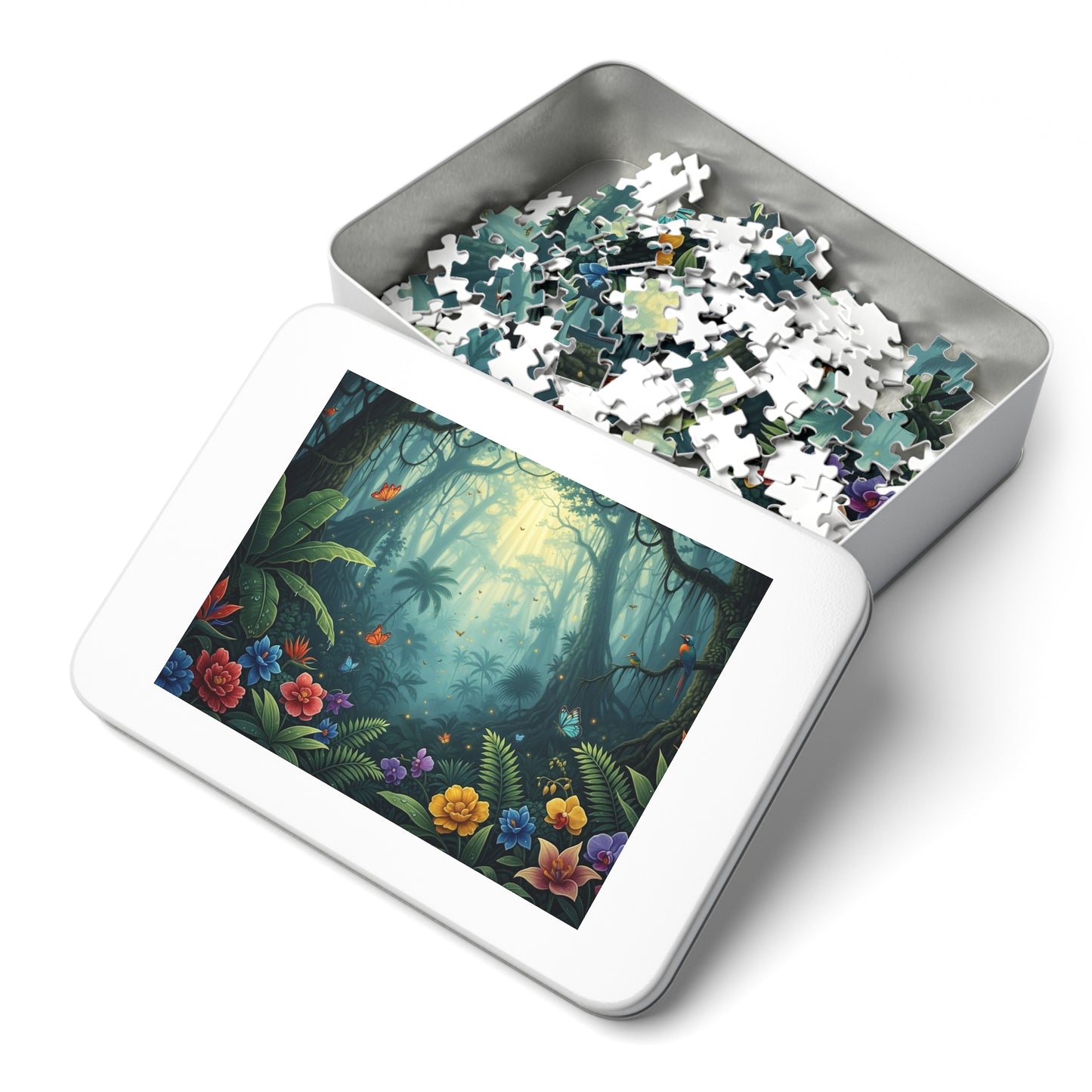 Enchanted Tropical Forest Puzzle with Butterflies, Exotic Flowers and Golden Light