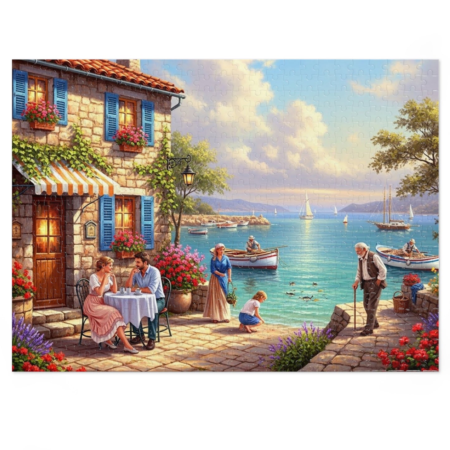 Mediterranean Seaside Café Puzzle | Charming Coastal Village, Sailboats, Flowers & Sunset Life