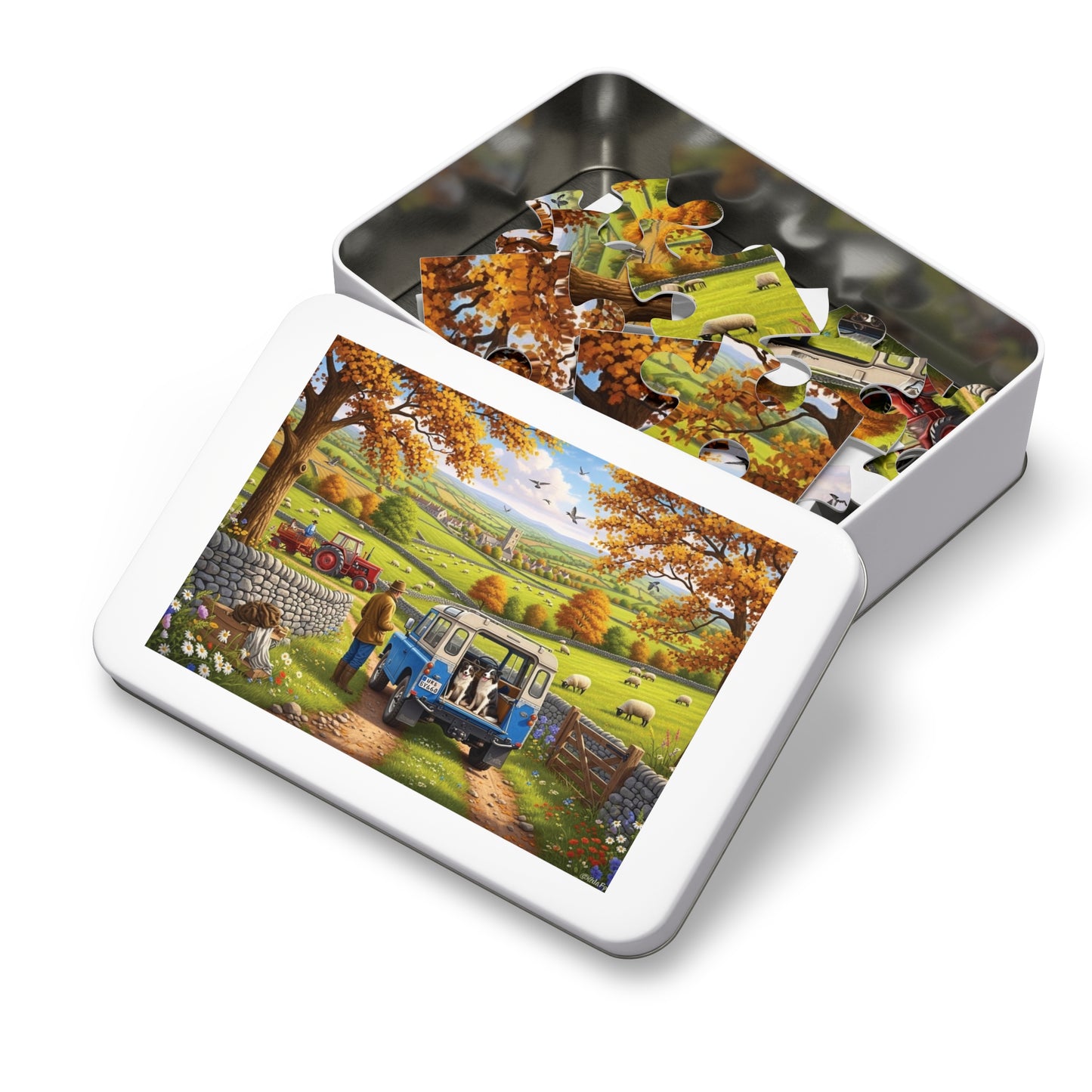 Autumn Countryside Farm Jigsaw Puzzle with Dogs, Tractor & Village