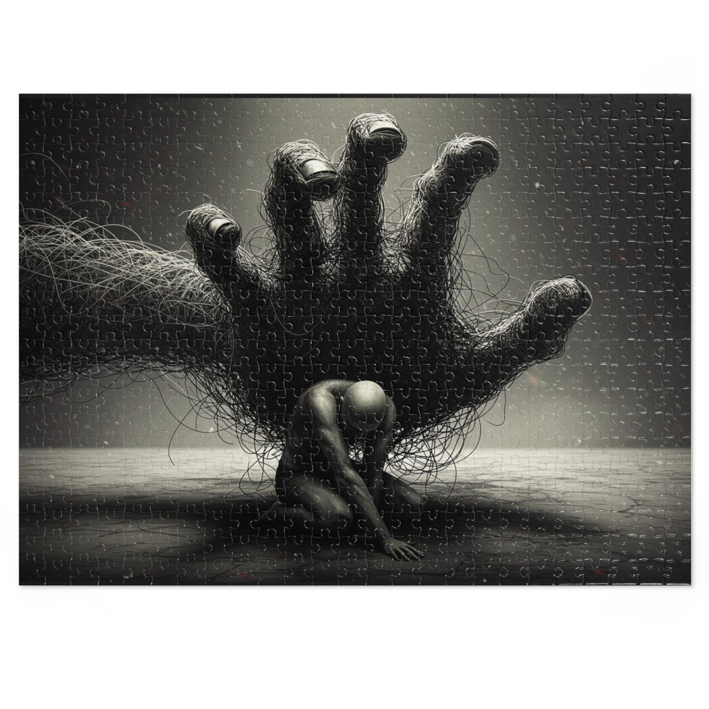110, 252, 500, 1000, 2000 Dark Abstract Wire Hand Jigsaw Puzzle, Tangled Hand and Kneeling Figure, Oppression and Chaos Puzzle