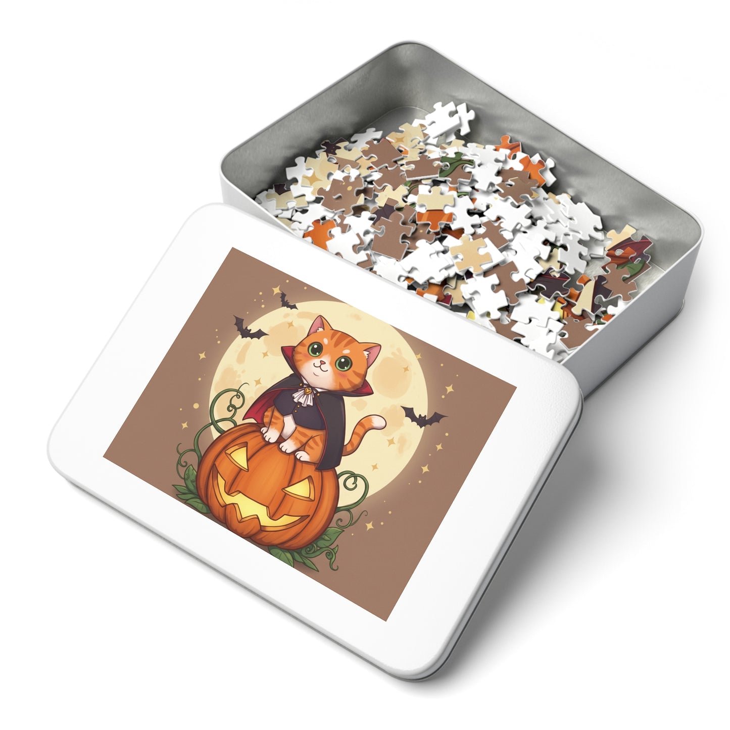 30, 110, 252 pcs Halloween Cat Jigsaw Puzzle, Cute Halloween Puzzle, Cartoon Kitten in Cape on Glowing Pumpkin, Halloween Night Scene with Bats and Moon