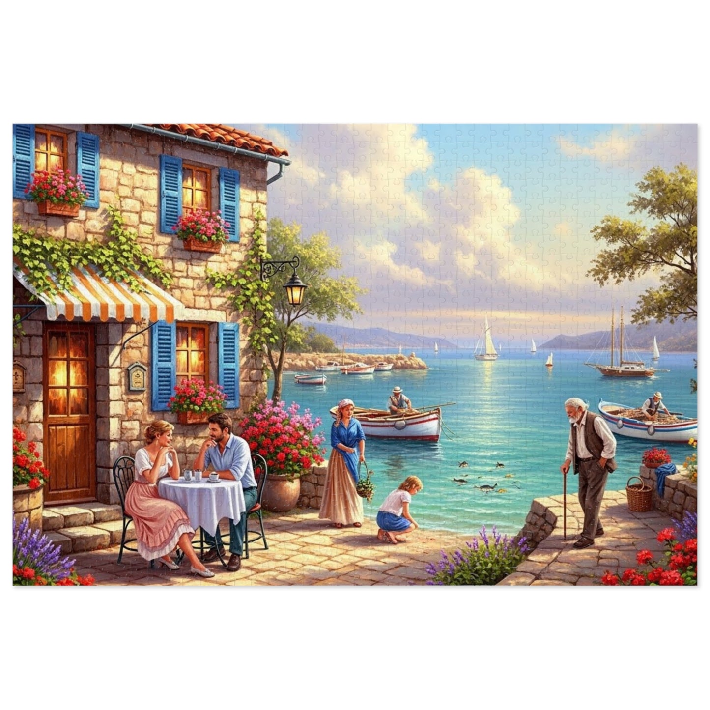 Mediterranean Seaside Café Puzzle | Charming Coastal Village, Sailboats, Flowers & Sunset Life