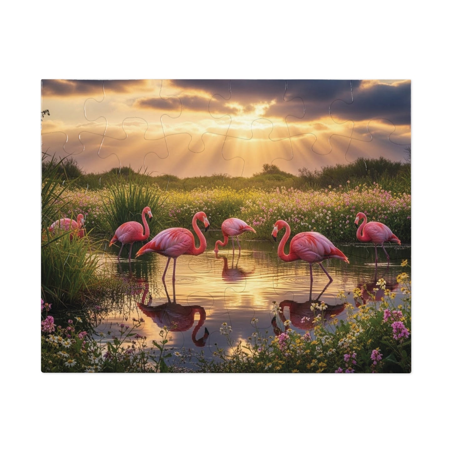 Flamingo Sunset Paradise Jigsaw Puzzle | Serene Nature Wildlife Scene at Golden Hour