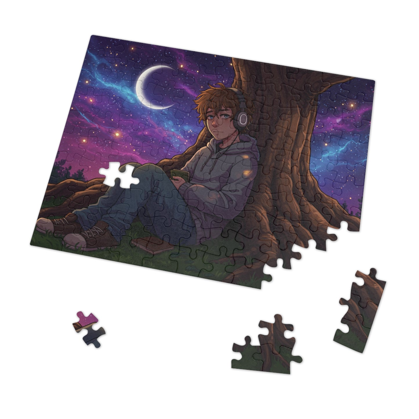 30, 110 pics Anime Night Sky Jigsaw Puzzle – Cozy Hoodie Character Under Crescent Moon with Galaxy Background