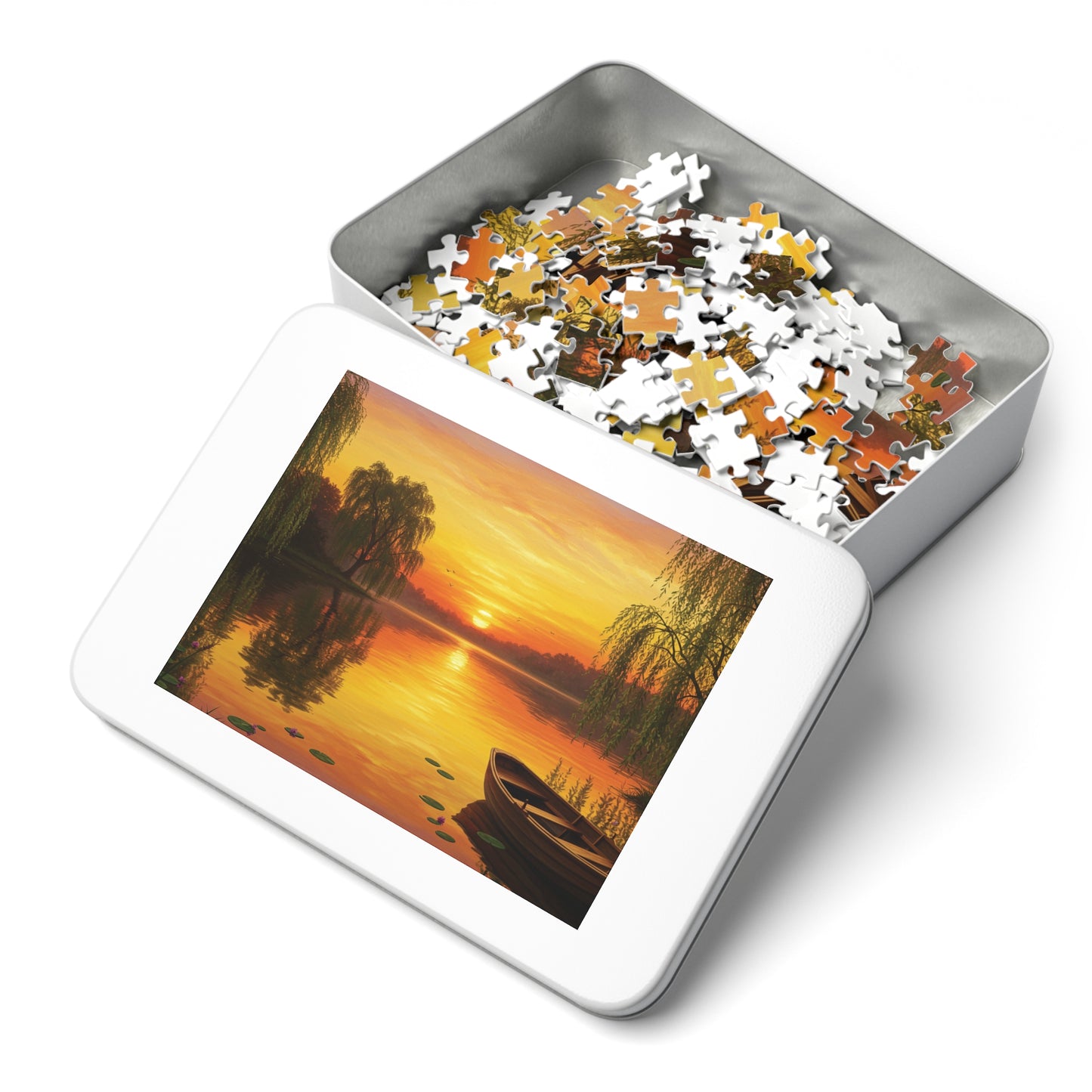 110, 252, 500, 1000, 2000 Golden Sunset Rowboat Puzzle, Sunset Over Still Waters, Boat at Dusk Puzzle, Tranquil Willow Tree Sunset, Golden Hour Reflection Puzzle, Sunset Reflection on Lake Puzzle, Rowboat on Calm Waters Puzzle