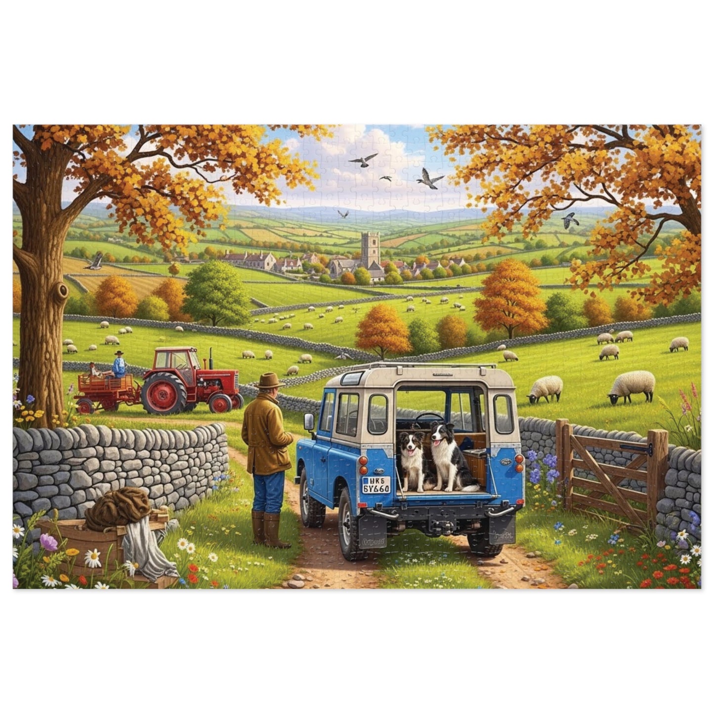 Autumn Countryside Farm Jigsaw Puzzle with Dogs, Tractor & Village