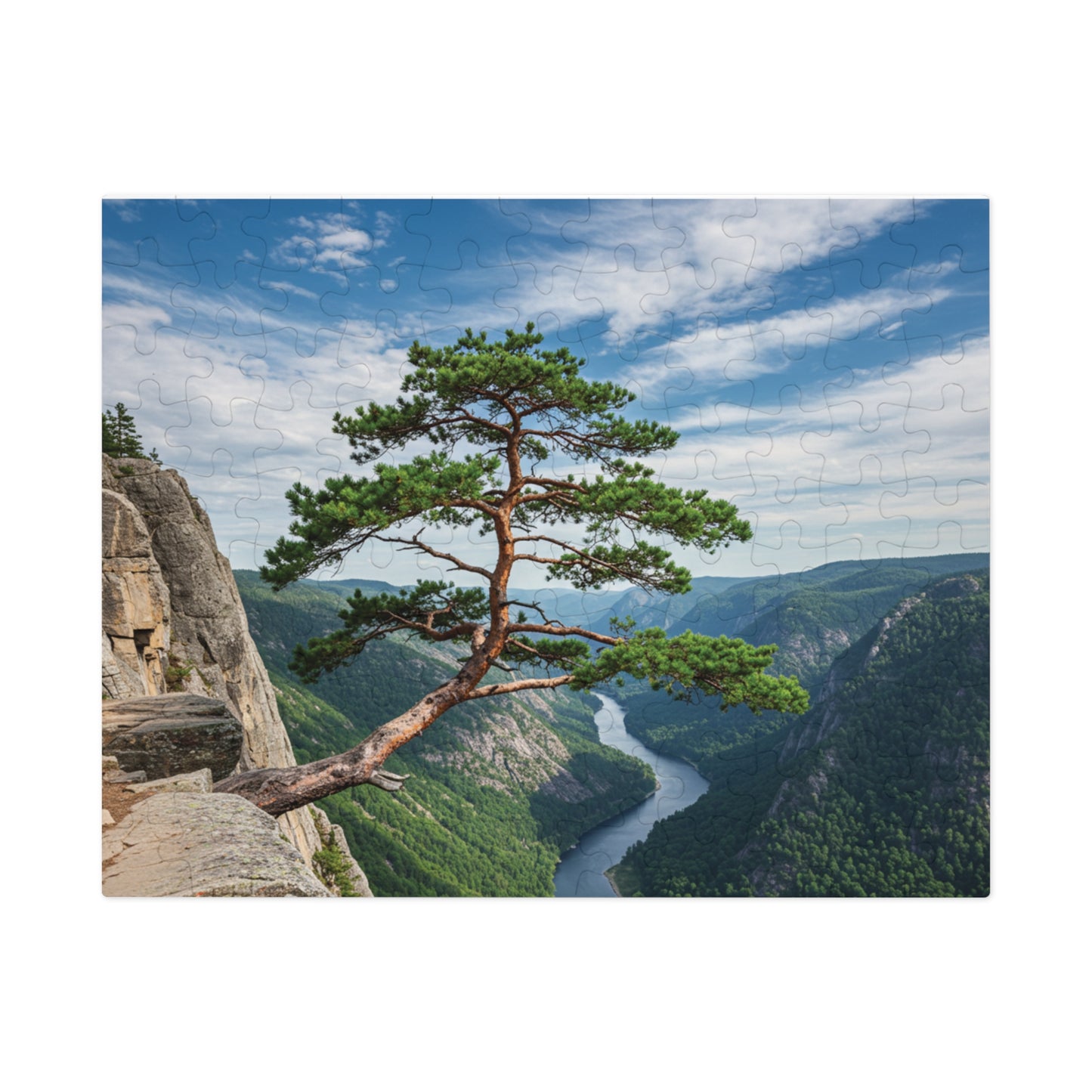 Cliffside Tree Jigsaw Puzzle (110, 252, 500, 1000, 2000 pcs) – Peaceful Nature, Mountain & River Design, Serene Forest Scene