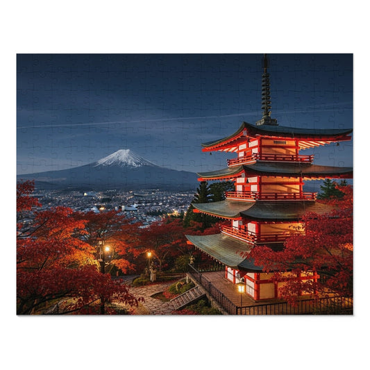 Mount Fuji Night Pagoda Jigsaw Puzzle 🌙🗻 Autumn Temple View, Japan City Lights & Crimson Maples