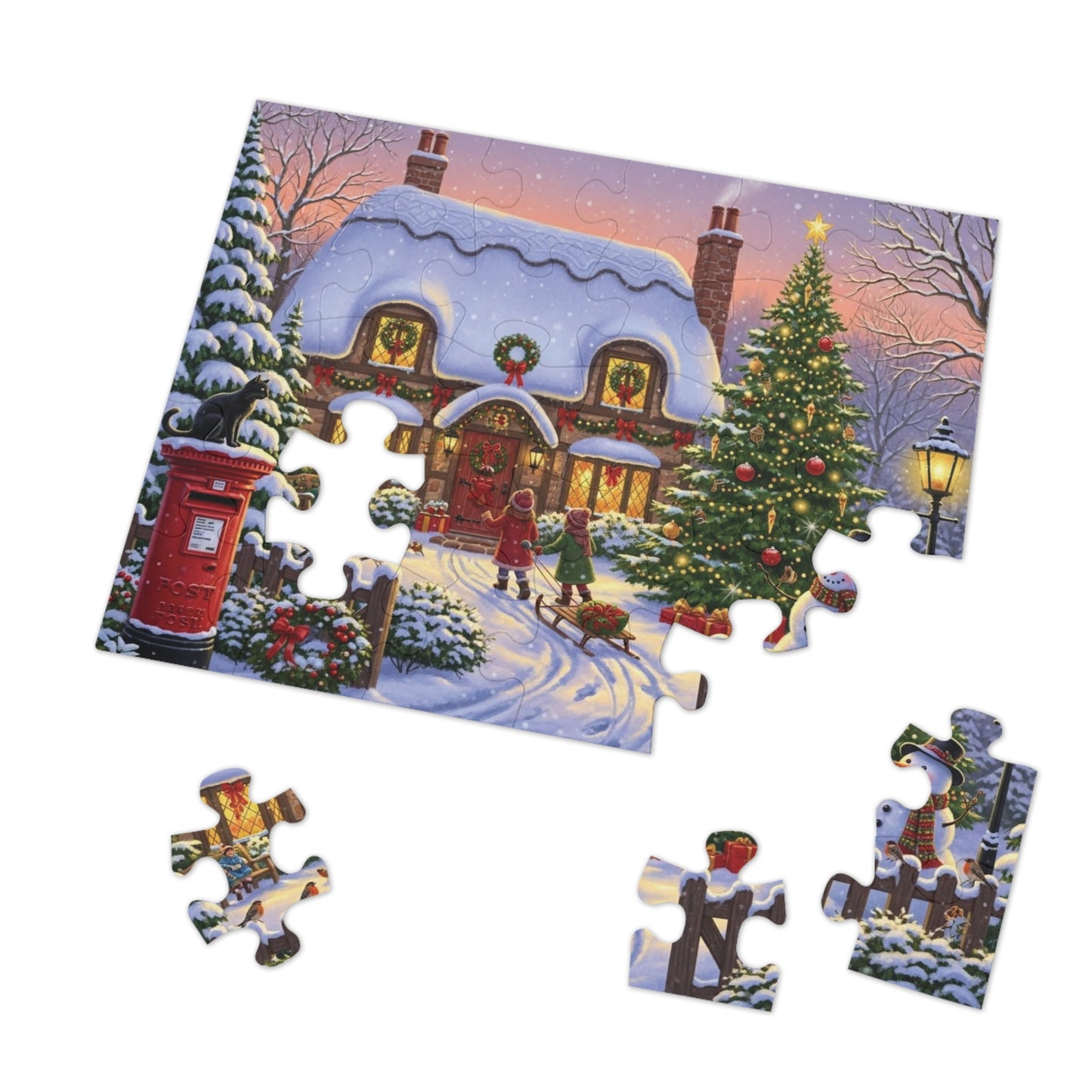 Christmas Cottage Jigsaw Puzzle with Tree Snowman and Sled