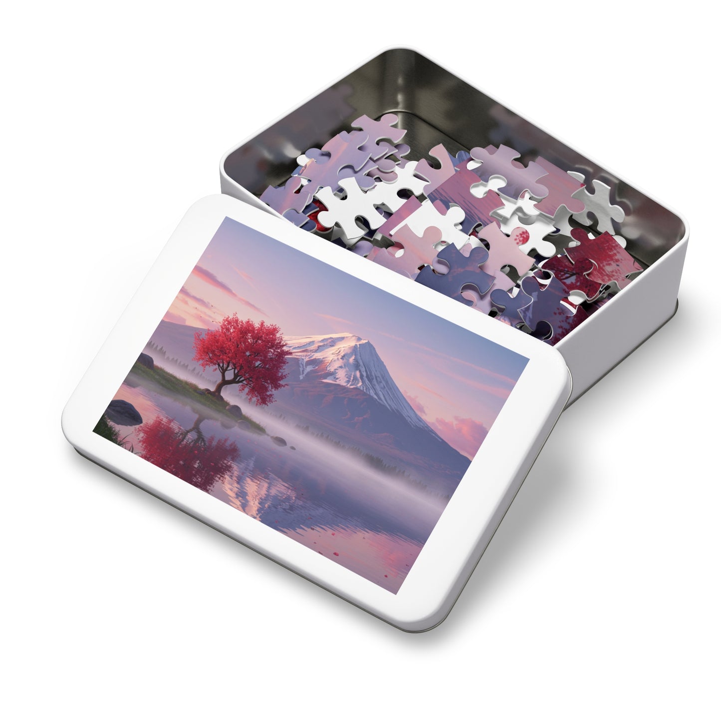 110, 252, 500, 1000, 2000 Cherry Blossom Tree by Mt. Fuji, Sakura Tree & Snowy Mountain Puzzle, Peaceful Pink Tree & Misty Lake Puzzle, Mount Fuji at Sunrise Puzzle, Calm Mountain Morning Puzzle