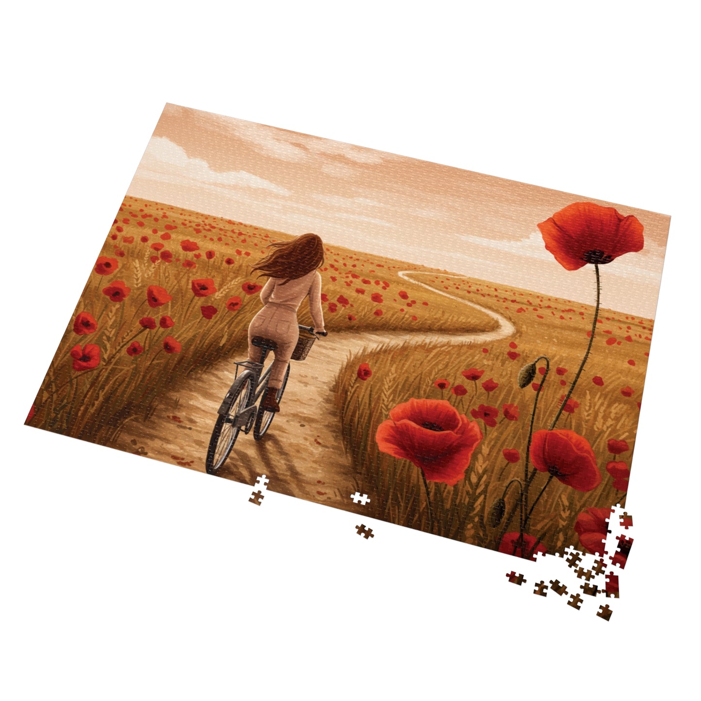110, 252, 500, 1000, 2000 Golden Poppy Fields Jigsaw Puzzle – Serene Summer Bike Ride, Serene Poppy Fields Jigsaw Puzzle with Tin, Escape into Nature – Summer Cycling Puzzle with Flowers