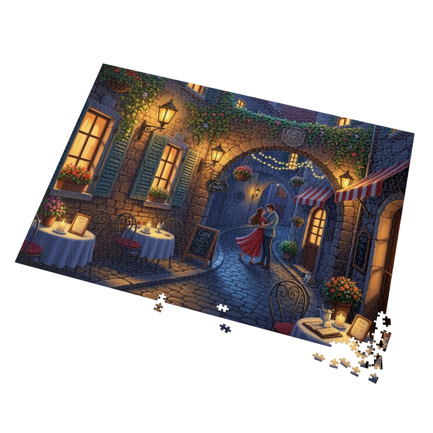 Romantic Café Alley Jigsaw Puzzle | Cozy European Evening Scene