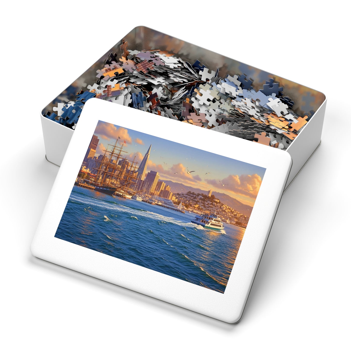 Coastal City at Sunset Jigsaw Puzzle | Nautical Waterfront Art