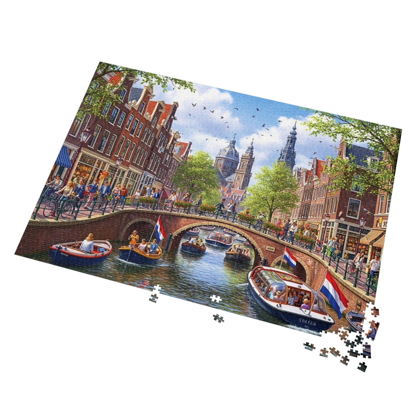 European Canal City Jigsaw Puzzle Scenic Bridge and Boat Scene