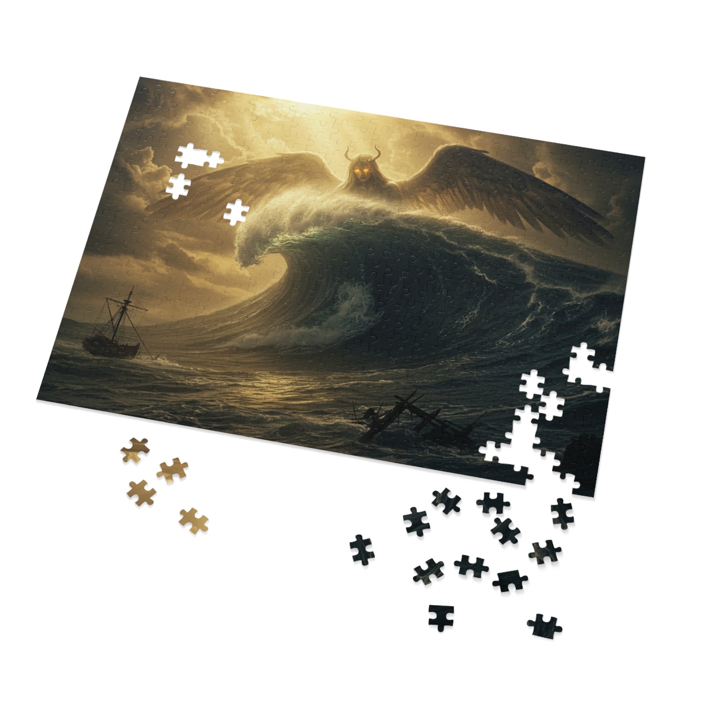 110, 252, 500, 1000, 2000 Mythic Sea Angel Rising | Stormy Ocean Wave Fantasy Art | Shipwreck & Light Beams | Surreal Winged Creature Wall Decor, Fantasy Jigsaw Puzzle with Tin
