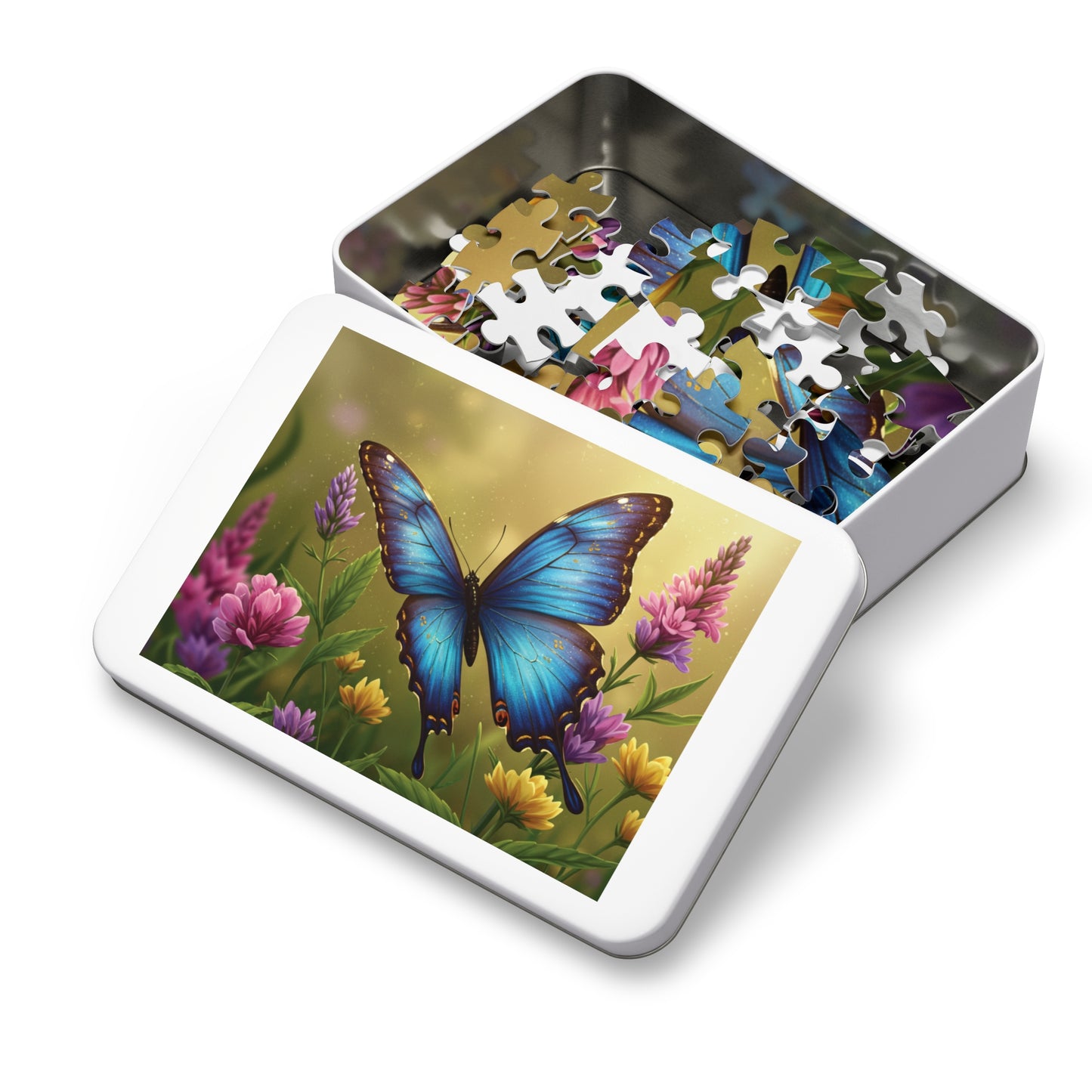 30, 110, 252, 500 | Blue Butterfly Among Spring Wildflowers | Vibrant Garden Scene | Nature Jigsaw Puzzle | Bloom & Wings Puzzle Art | Butterfly Blossom Jigsaw Puzzle with Tin