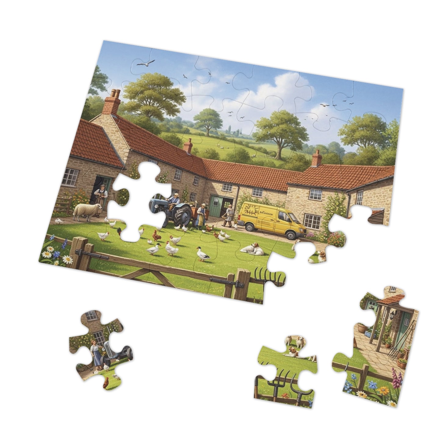 Countryside Village Farm Jigsaw Puzzle with Dogs Chickens and Sheep