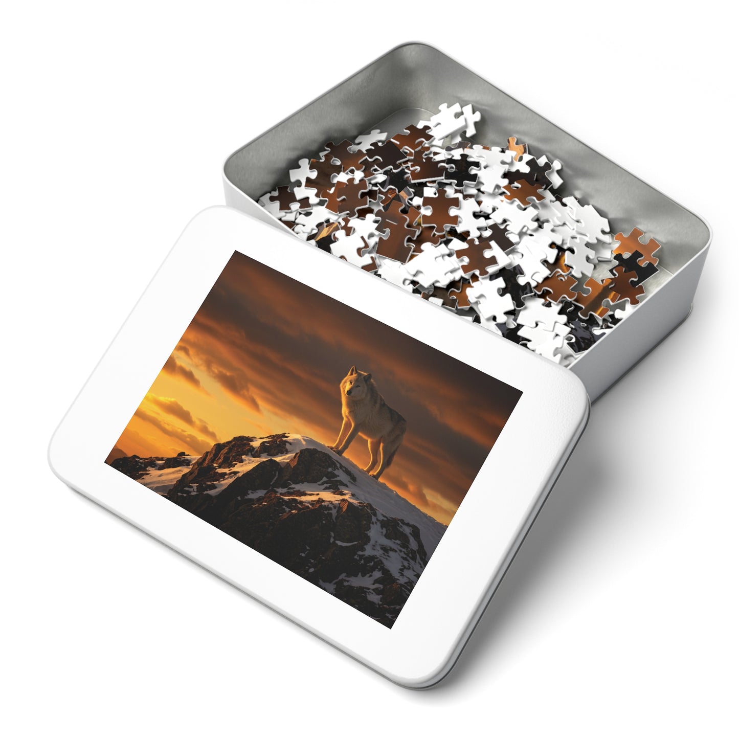 110, 252, 500, 1000, 5000 Wolf Mountain Jigsaw Puzzle with Tin, Lone Wolf at Sunset, Wild Wolf on Snowy Peak, Sunset Wolf Puzzle, Arctic Wolf on Rocky Summit, Wolf in the Wilderness