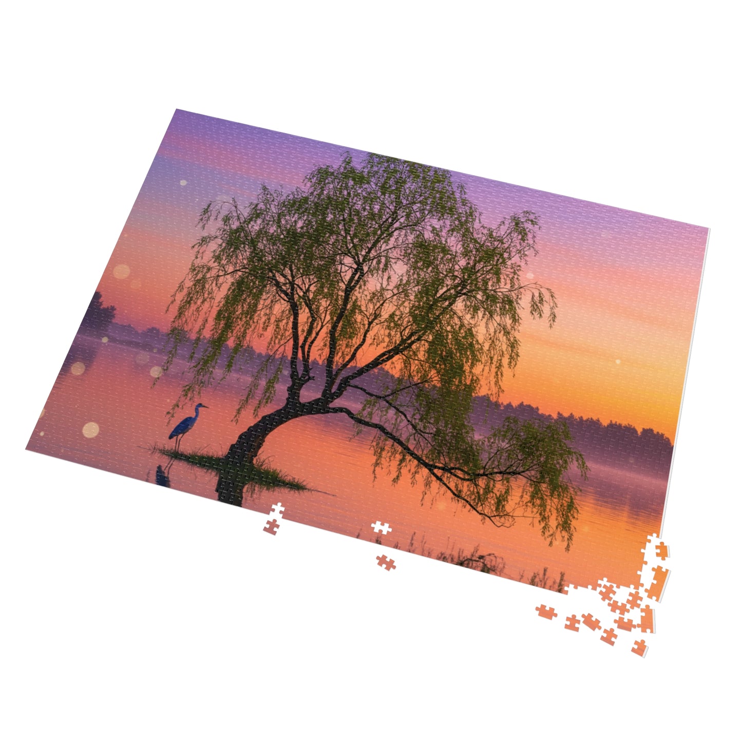 Willow Tree & Heron Jigsaw Puzzle (110, 252, 500, 1000, 2000 pcs) – Sunset Lake Scene in Gift Tin