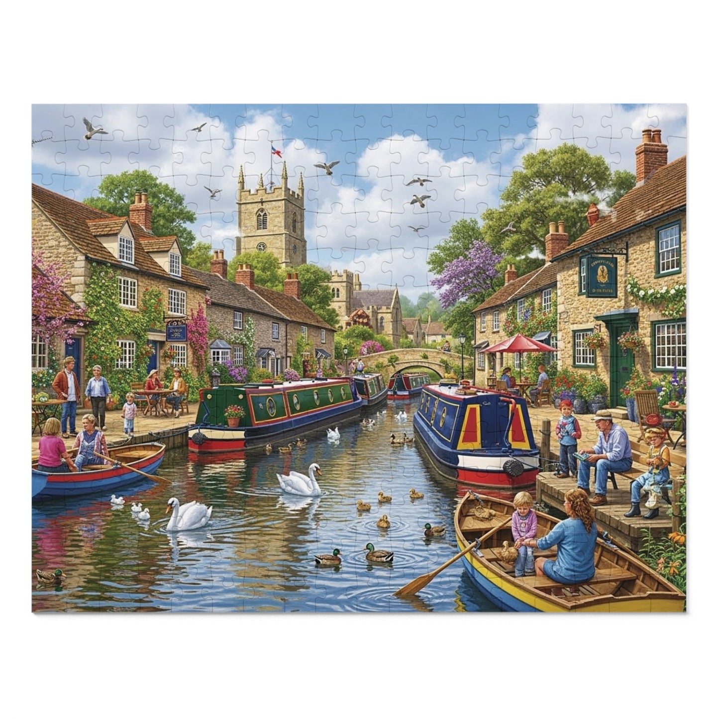 Canal Village Jigsaw Puzzle with Boats Swans and Cottages
