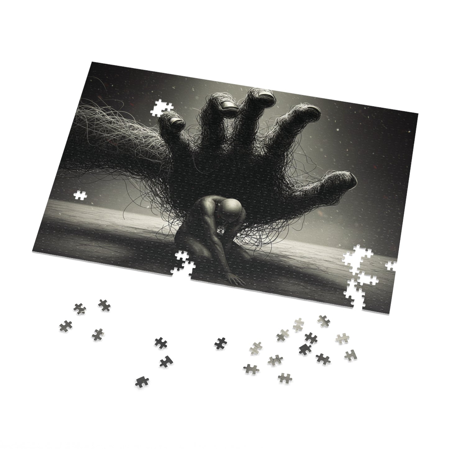 110, 252, 500, 1000, 2000 Dark Abstract Wire Hand Jigsaw Puzzle, Tangled Hand and Kneeling Figure, Oppression and Chaos Puzzle