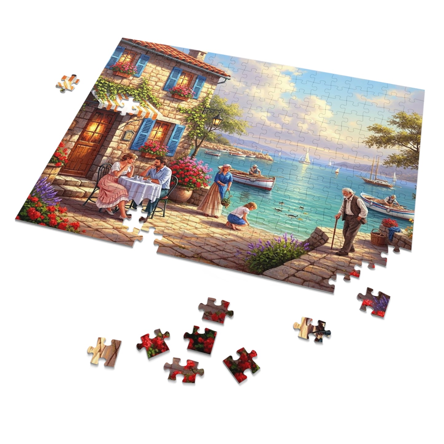 Mediterranean Seaside Café Puzzle | Charming Coastal Village, Sailboats, Flowers & Sunset Life