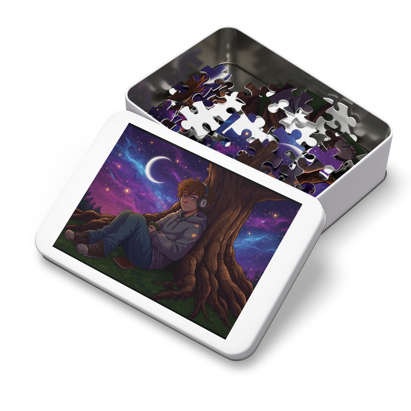 30, 110 pics Anime Night Sky Jigsaw Puzzle – Cozy Hoodie Character Under Crescent Moon with Galaxy Background