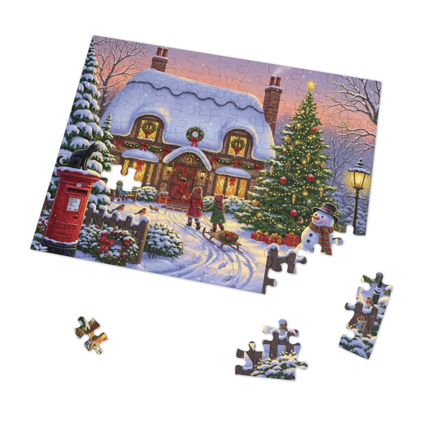 Christmas Cottage Jigsaw Puzzle with Tree Snowman and Sled