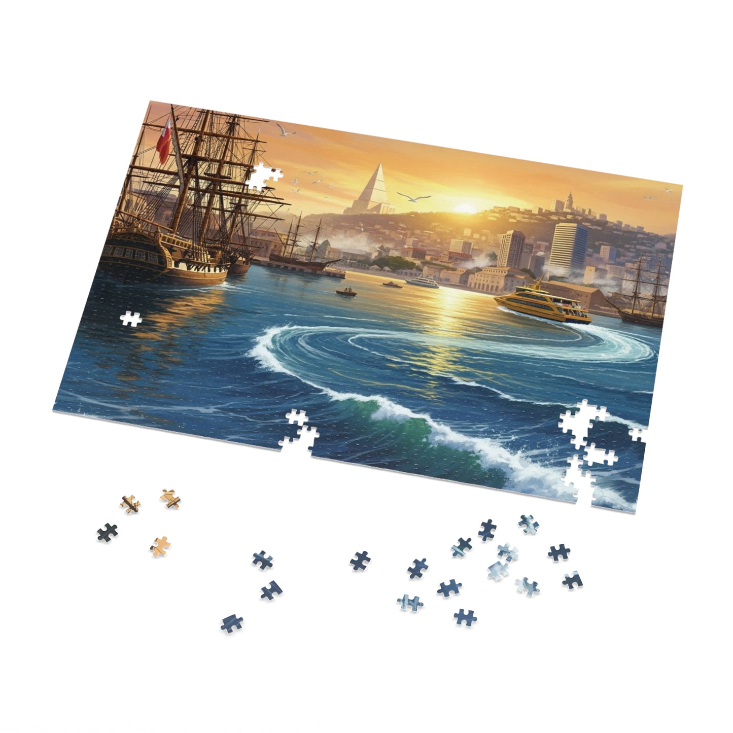 Sunset Harbor Jigsaw Puzzle |  Coastal City Sailing
