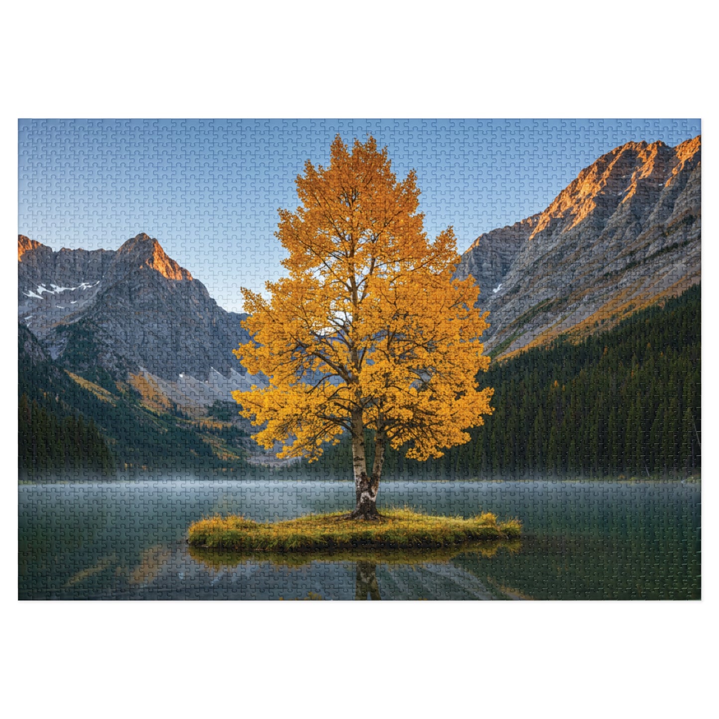 110, 252, 500, 1000, 2000 Autumn Landscape Jigsaw Puzzle with Tin, Golden Autumn Tree Lake Puzzle, Autumn Tree & Calm Waters, Misty Lake and Rocky Peaks Jigsaw