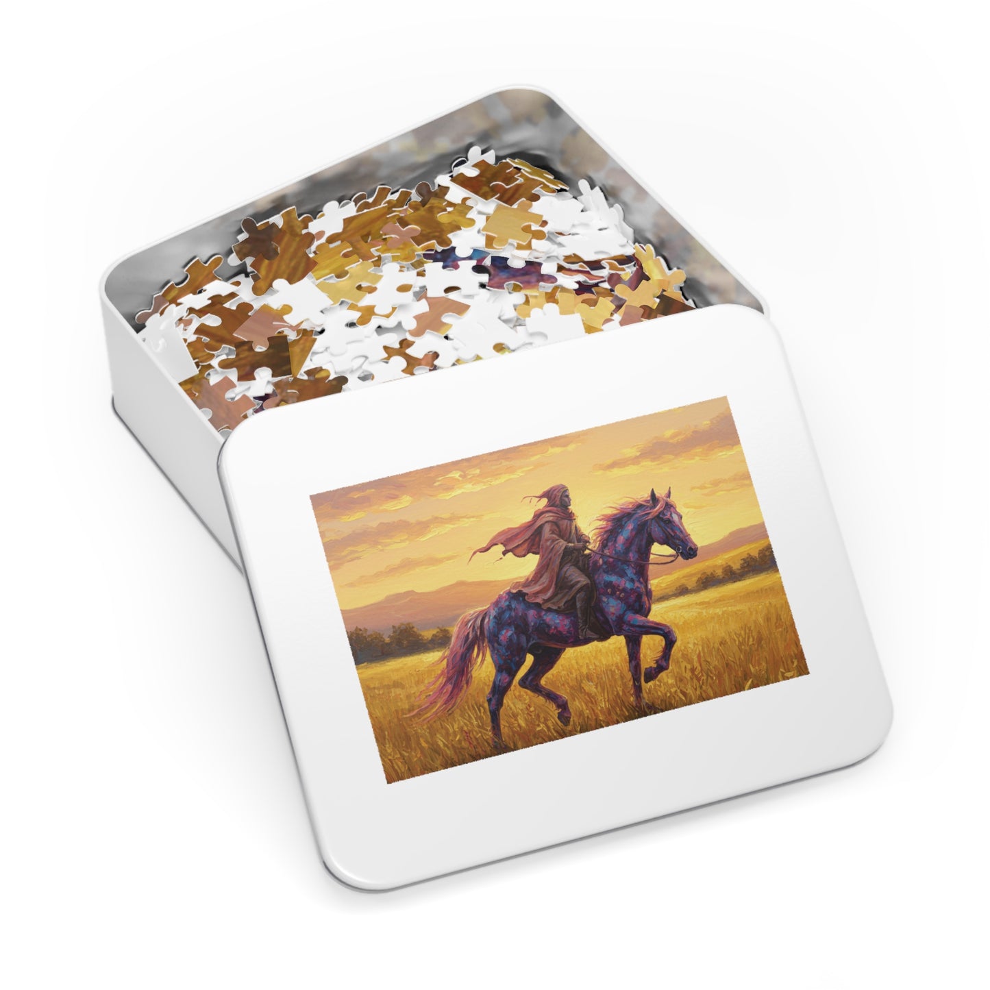 110, 252, 500, 1000, 2000 Jigsaw Puzzle, Mystical Rider Jigsaw Puzzle, Cloaked Rider on Colorful Horse, Epic Sunset Adventure, Premium Puzzle Gift,  Hero on Horse, Golden Field, Fantasy Theme, Vibrant Fantasy Sunset Art