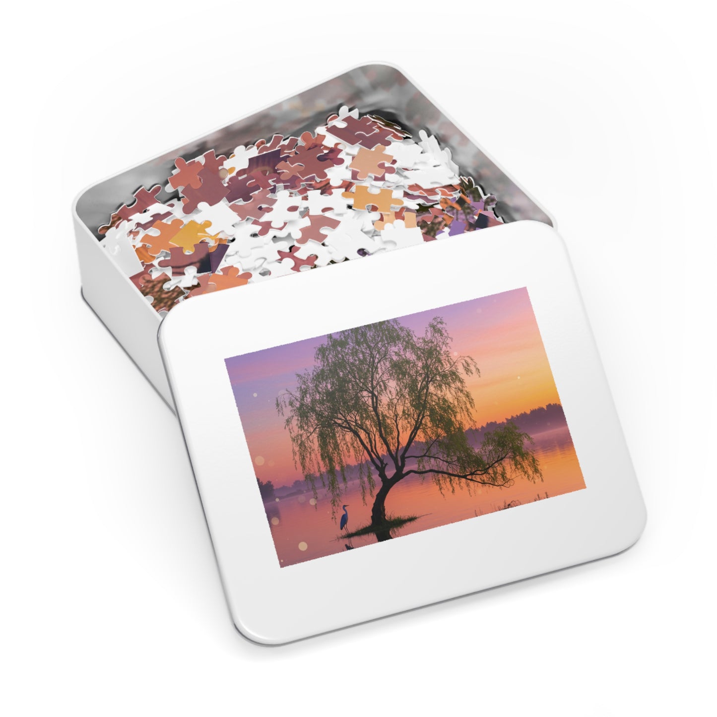 Willow Tree & Heron Jigsaw Puzzle (110, 252, 500, 1000, 2000 pcs) – Sunset Lake Scene in Gift Tin