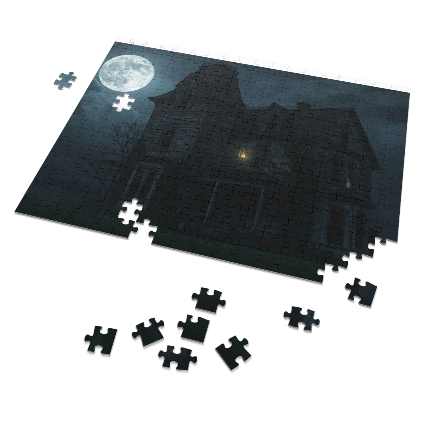 110, 252, 500, 2000 Haunted House Jigsaw Puzzle with Tin, Haunted House Under Full Moon – Spooky Puzzle for Halloween Nights, Ghostly Manor Puzzle, Abandoned House in Moonlight, The Forgotten Estate