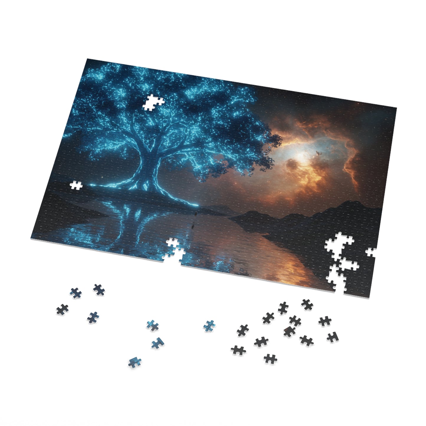 110, 252, 500, 1000, 2000 | Mystical Tree Jigsaw Puzzle with Tin, Enchanting Atmosphere, Celestial Tree of Light Puzzle – Cosmic Fantasy Glow Art