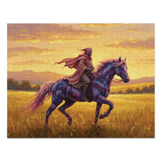 110, 252, 500, 1000, 2000 Jigsaw Puzzle, Mystical Rider Jigsaw Puzzle, Cloaked Rider on Colorful Horse, Epic Sunset Adventure, Premium Puzzle Gift,  Hero on Horse, Golden Field, Fantasy Theme, Vibrant Fantasy Sunset Art