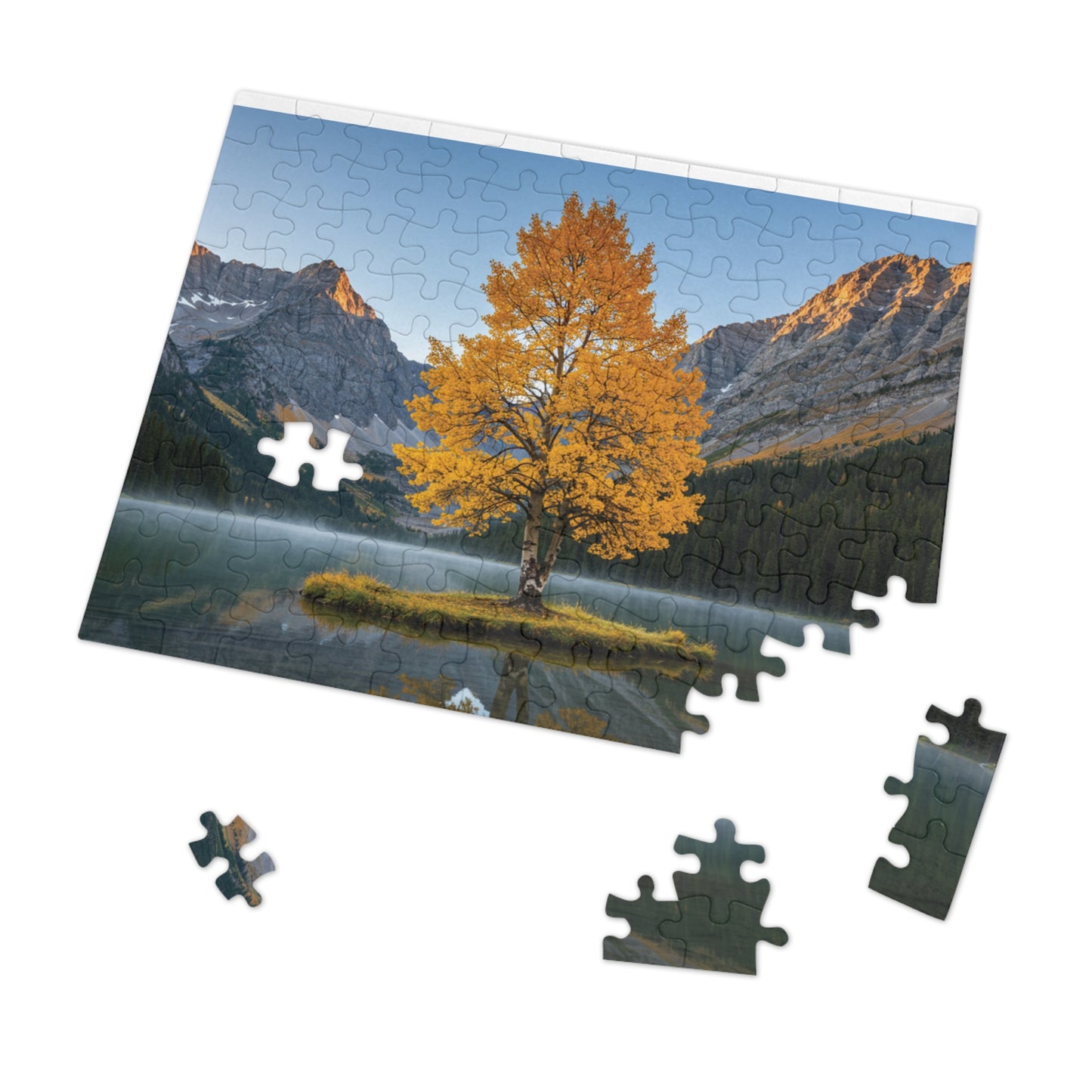 110, 252, 500, 1000, 2000 Autumn Landscape Jigsaw Puzzle with Tin, Golden Autumn Tree Lake Puzzle, Autumn Tree & Calm Waters, Misty Lake and Rocky Peaks Jigsaw