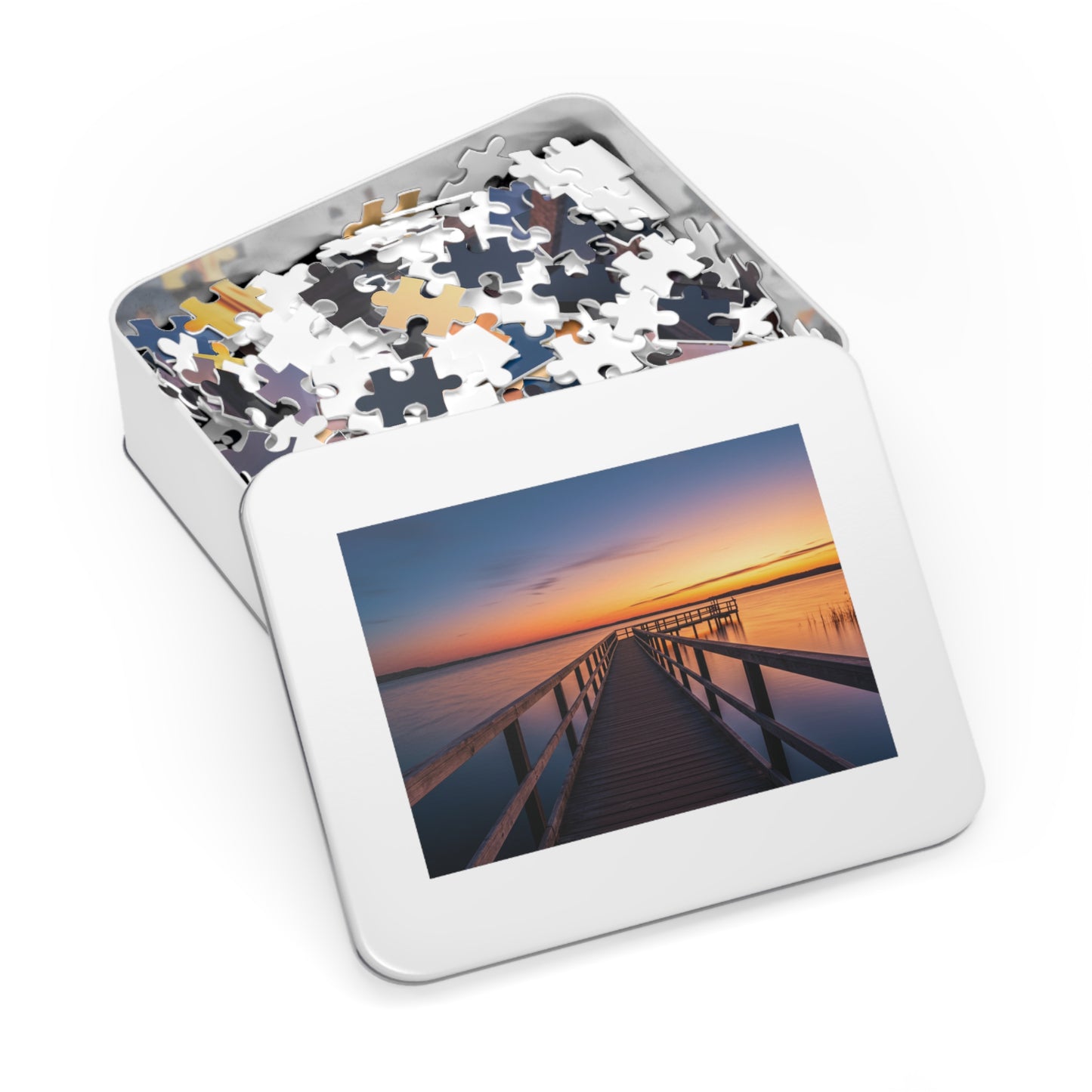 Sunset Jigsaw Puzzle with Tin, Boardwalk Sunset Puzzle – Soothing Waterscape Jigsaw for Relaxation, Peaceful Sunset Landscape Puzzle