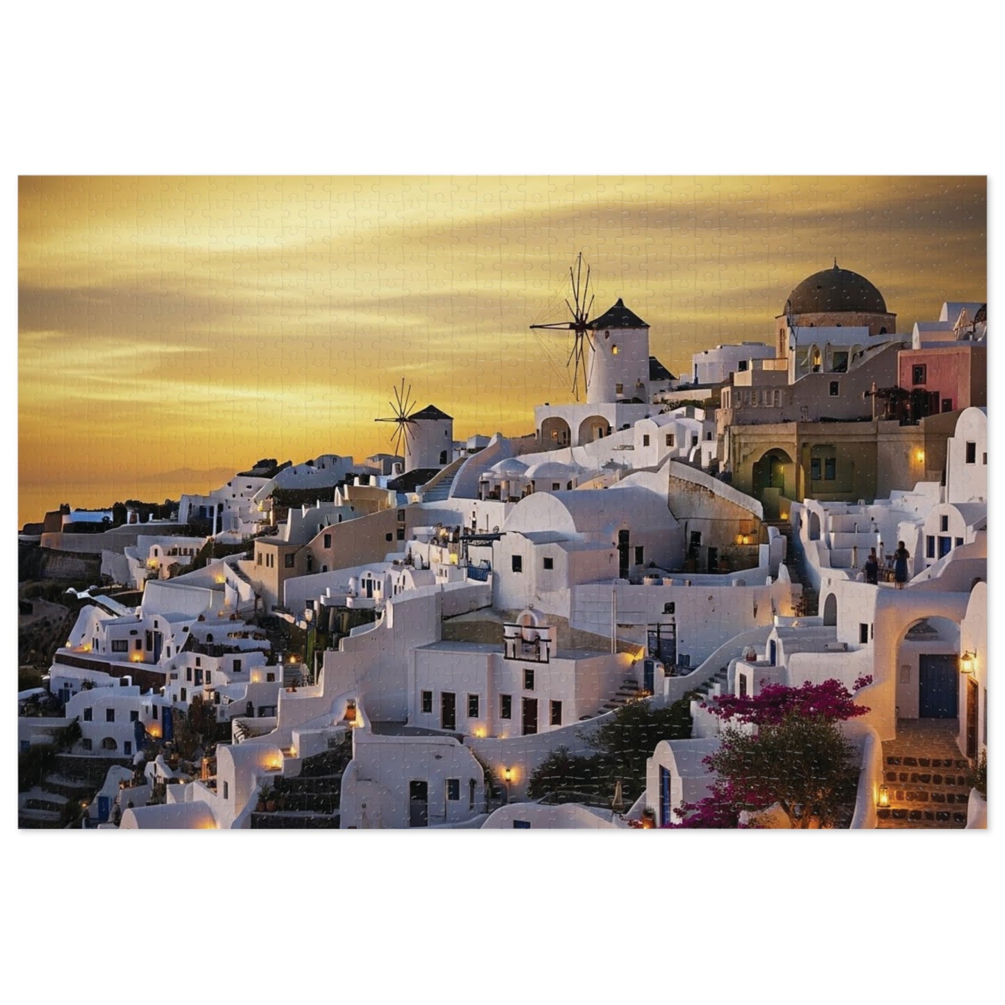 Santorini Sunset Village Jigsaw Puzzle 🌅 Whitewashed Homes, Windmills & Golden Aegean Evening