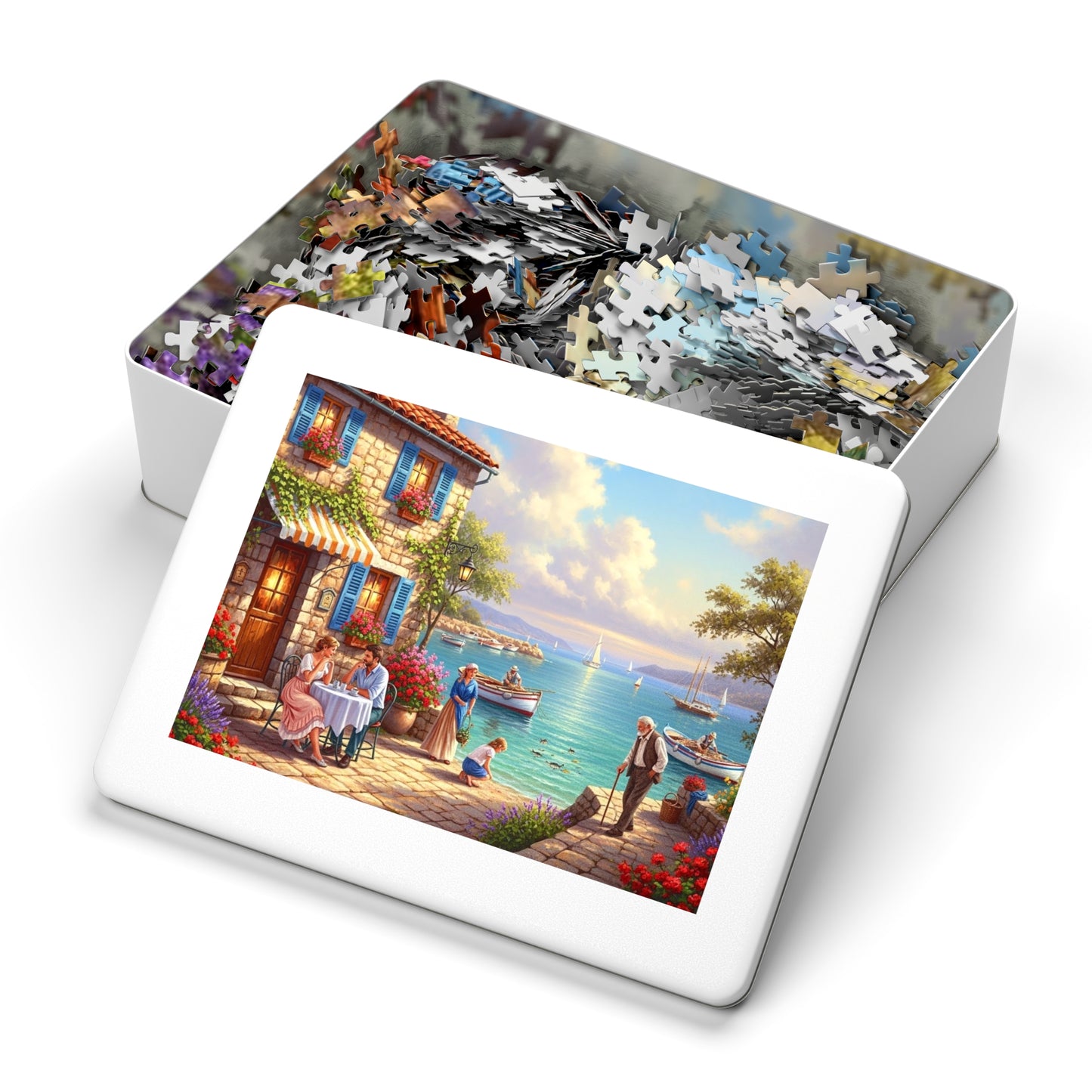 Mediterranean Seaside Café Puzzle | Charming Coastal Village, Sailboats, Flowers & Sunset Life