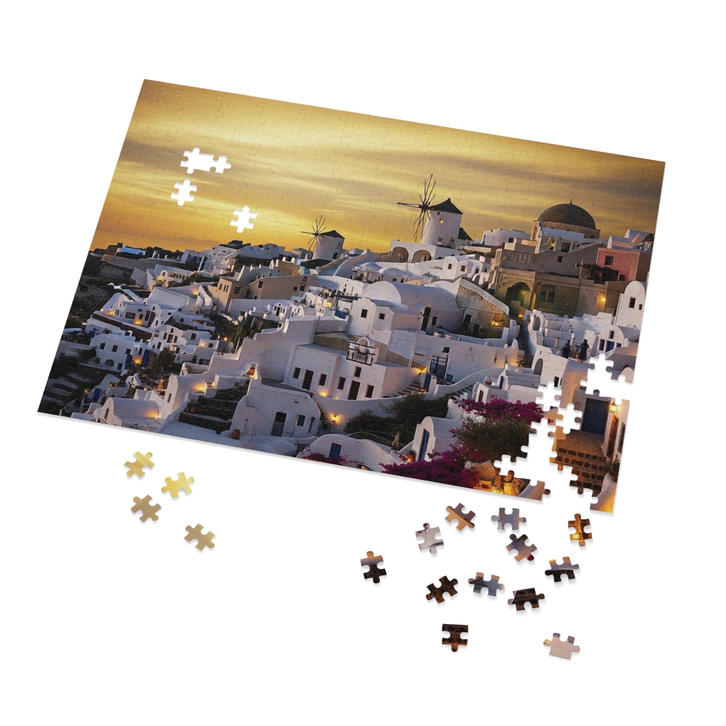 Santorini Sunset Village Jigsaw Puzzle 🌅 Whitewashed Homes, Windmills & Golden Aegean Evening