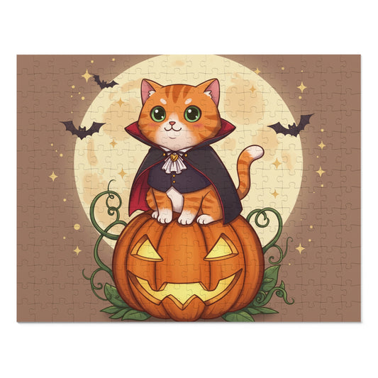 30, 110, 252 pcs Halloween Cat Jigsaw Puzzle, Cute Halloween Puzzle, Cartoon Kitten in Cape on Glowing Pumpkin, Halloween Night Scene with Bats and Moon