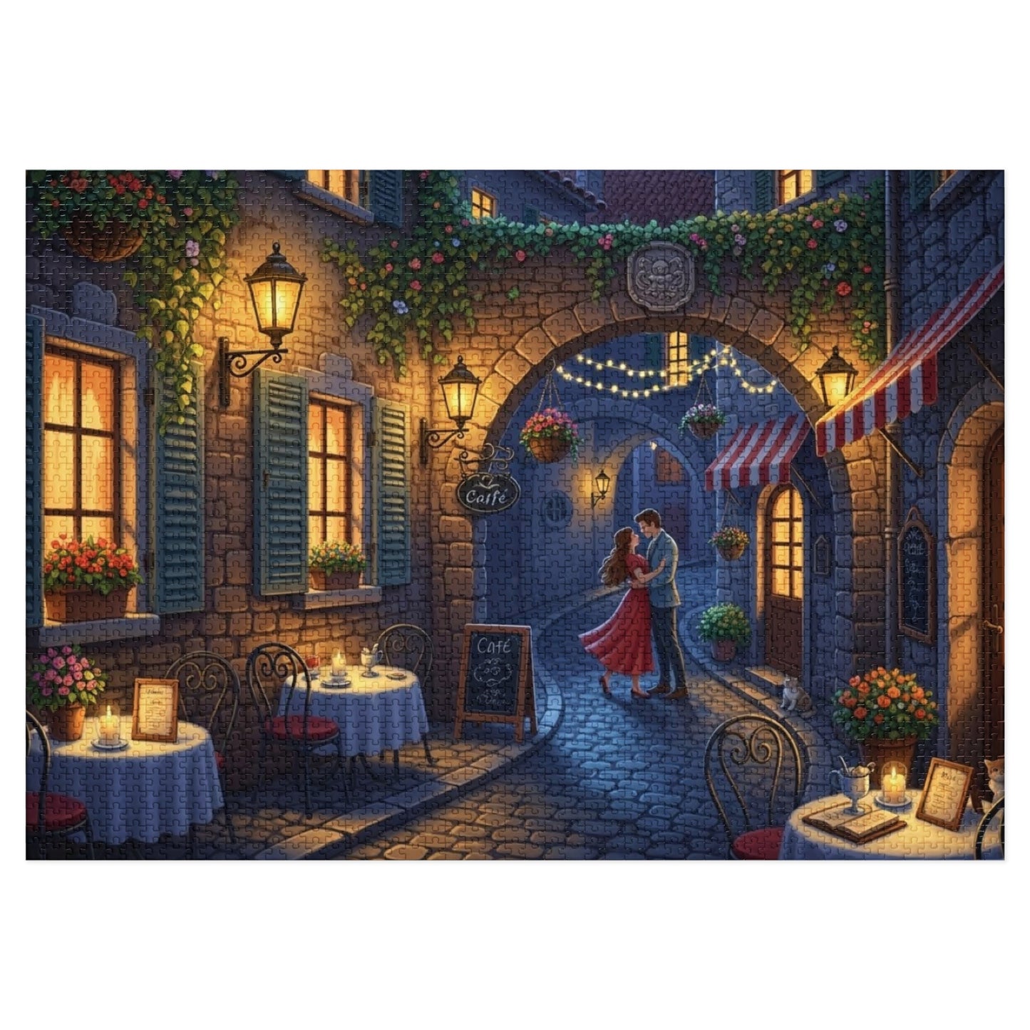 Romantic Café Alley Jigsaw Puzzle | Cozy European Evening Scene