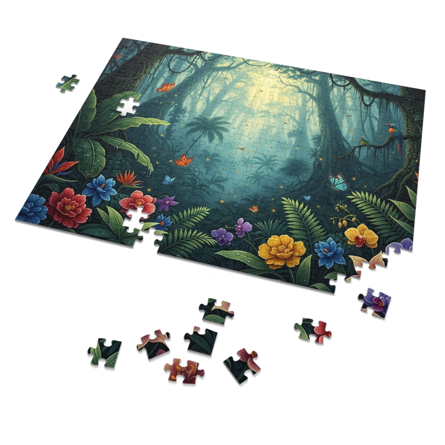 Enchanted Tropical Forest Puzzle with Butterflies, Exotic Flowers and Golden Light
