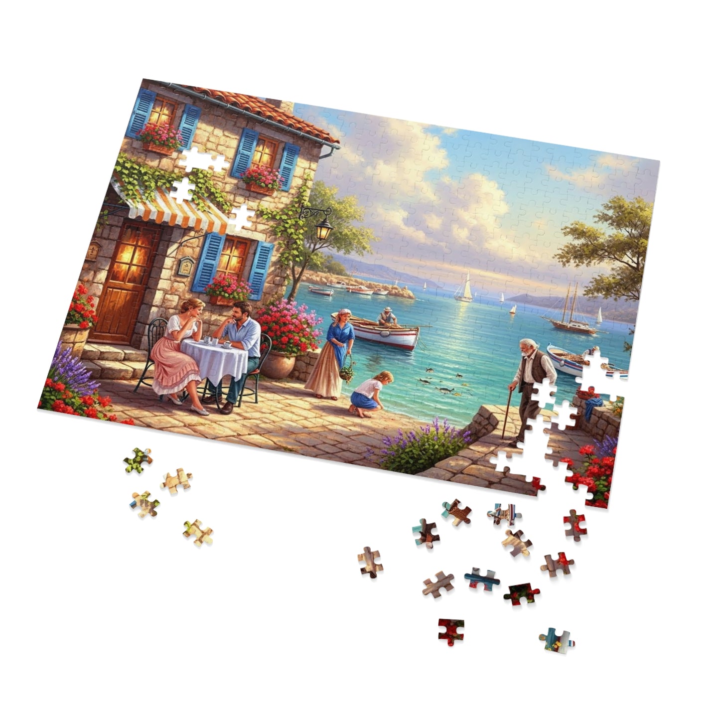 Mediterranean Seaside Café Puzzle | Charming Coastal Village, Sailboats, Flowers & Sunset Life
