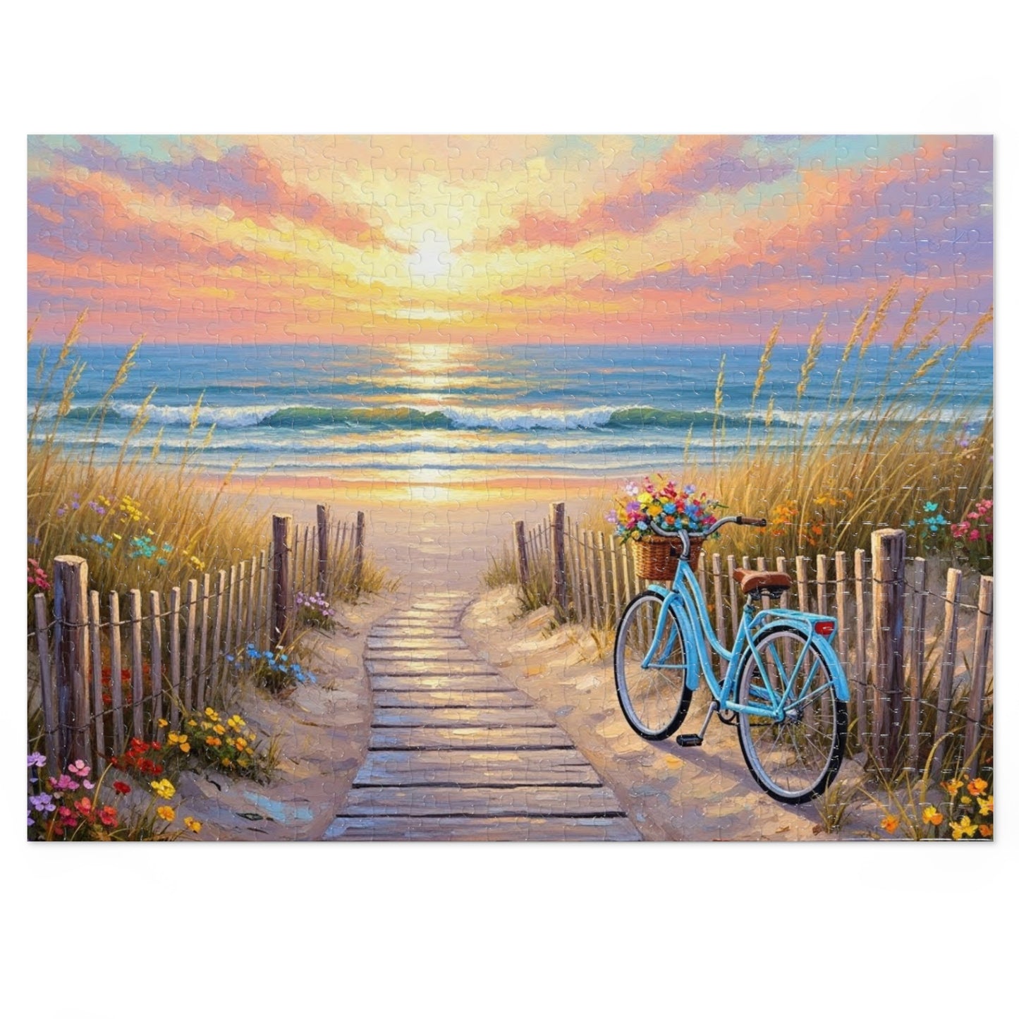 Beach Boardwalk at Sunset Puzzle 🧩 Serene Ocean Landscape Art