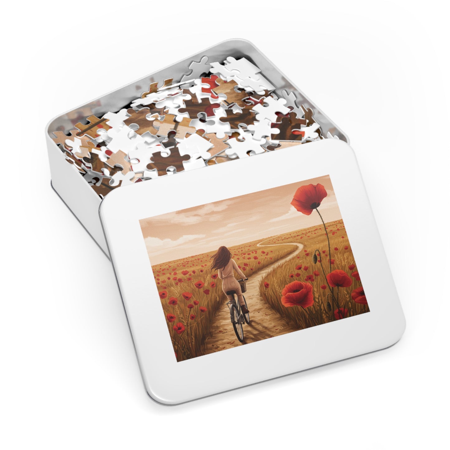 110, 252, 500, 1000, 2000 Golden Poppy Fields Jigsaw Puzzle – Serene Summer Bike Ride, Serene Poppy Fields Jigsaw Puzzle with Tin, Escape into Nature – Summer Cycling Puzzle with Flowers