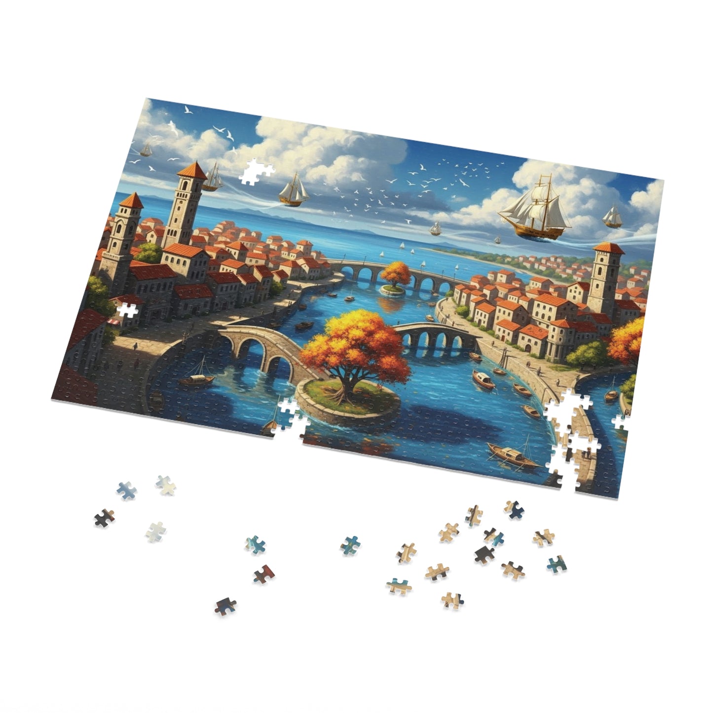 Floating Ships Over the Canal City, Coastal Town, Sailing Ships & Bridge Jigsaw Puzzle ✨