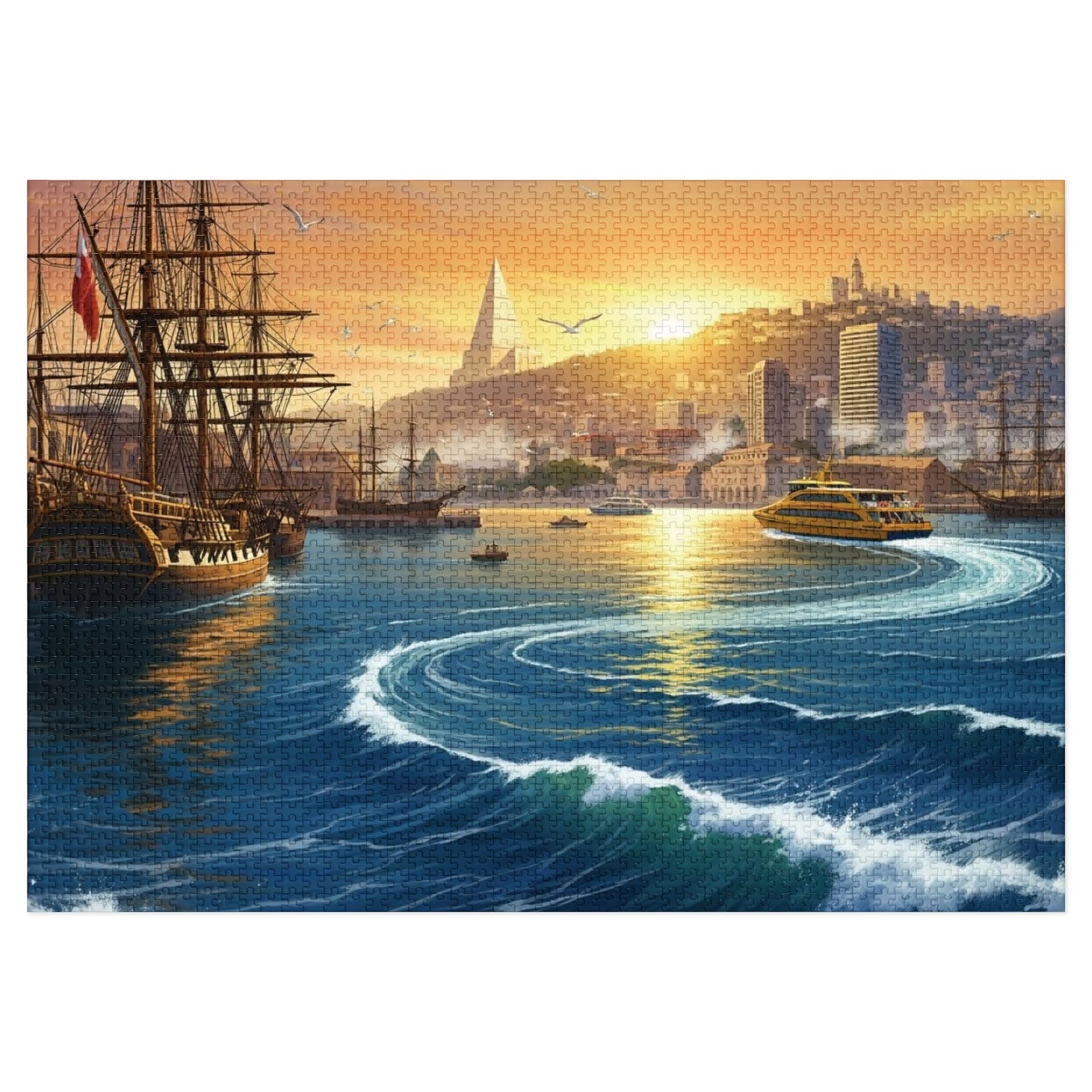 Sunset Harbor Jigsaw Puzzle |  Coastal City Sailing
